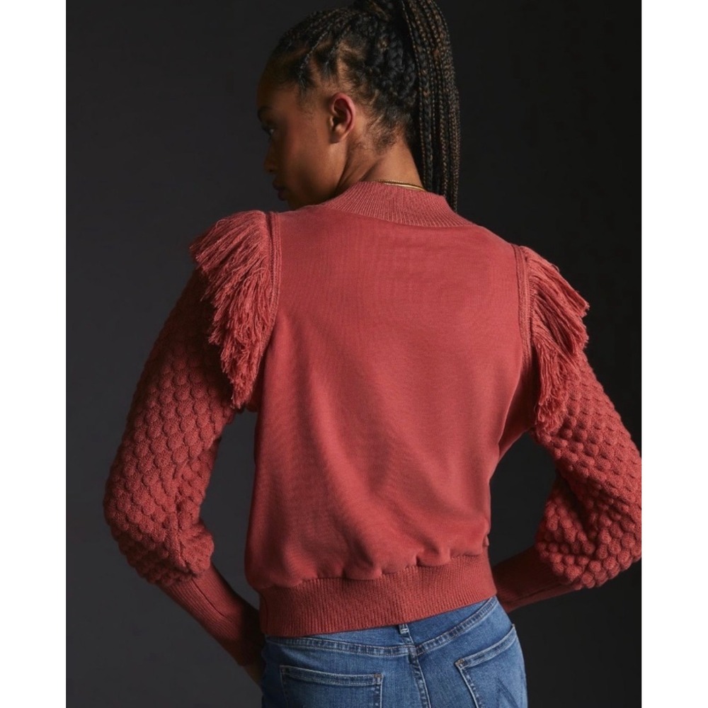 Dolan Left Coast Anthropologie Rust Fringe Sweater XS | Puff Sleeve Fall Top - Picture 2 of 10